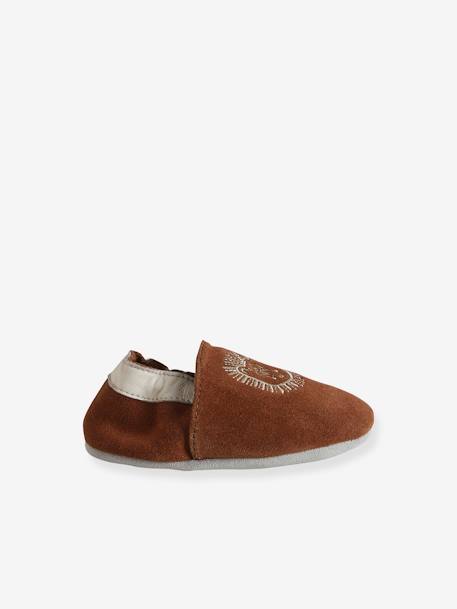 Elasticated, Soft Leather Slip-Ons for Babies printed brown+printed green+sage green 