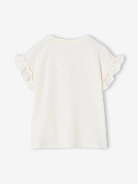 T-Shirt with Iridescent Motif & Short Ruffled Sleeves for Girls ecru+mauve+navy blue+pale pink+pale yellow+peach+sky blue+white 