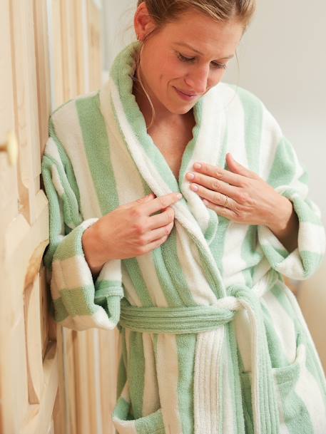 Striped Bath Robe for Adults, TRANSAT, Family Capsule Collection, with Recycled Cotton striped green+striped pink 