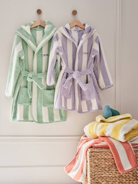 Striped Bath Robe for Adults, TRANSAT, Family Capsule Collection, with Recycled Cotton striped green+striped pink 