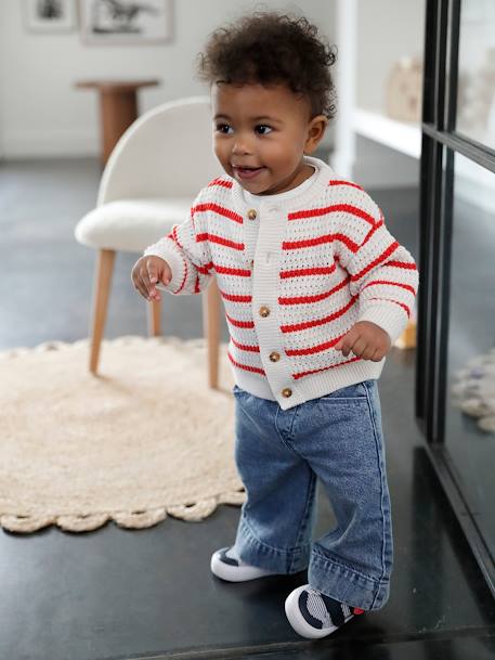 Openwork Knit Cardigan for Babies striped red 