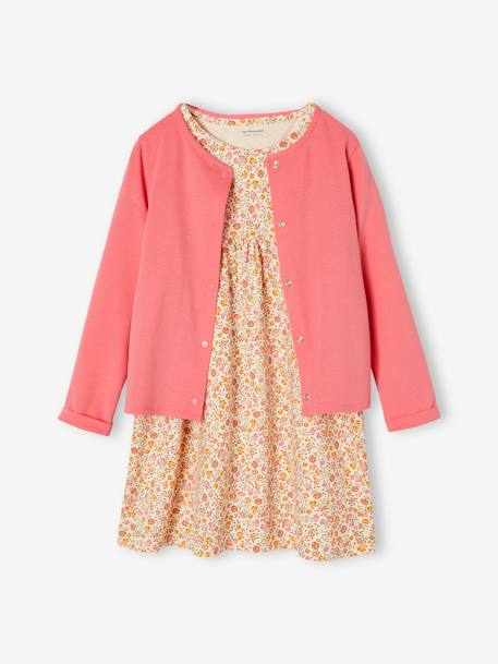 Dress + Jacket Outfit, for Girls BLUE MEDIUM SOLID+emerald green+mauve+rose+WHITE LIGHT ALL OVER PRINTED 