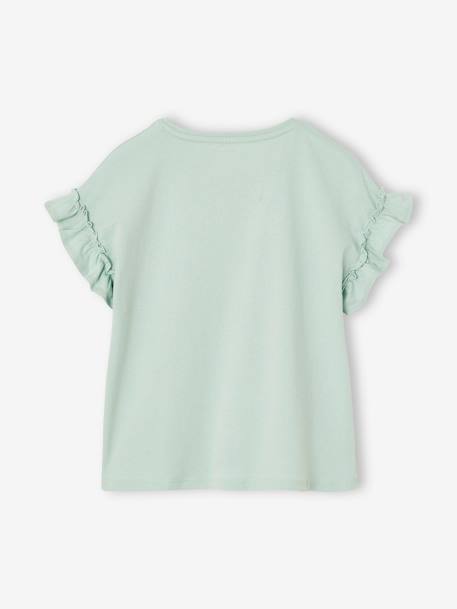 T-Shirt with Iridescent Motif & Short Ruffled Sleeves for Girls ecru+mauve+navy blue+pale pink+pale yellow+peach+sky blue+white 