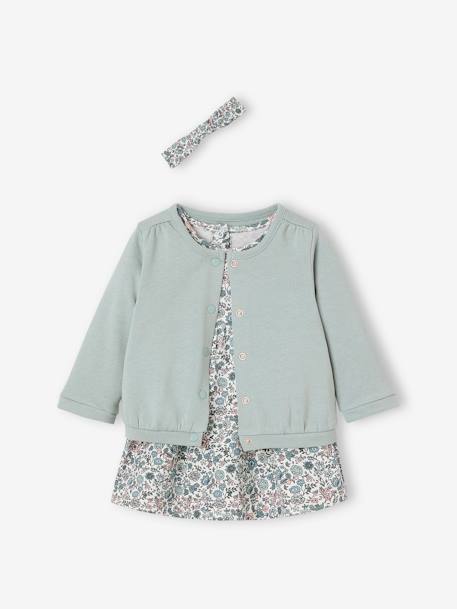 3-Piece Outfit: Dress + Cardigan + Headband for Baby Girls grey blue+old rose+White/Print 