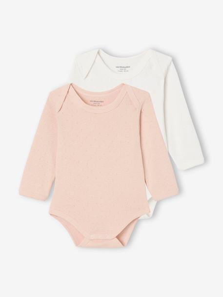 Pack of 2 long-sleeved baby bodysuits in pointelle knit pale pink 