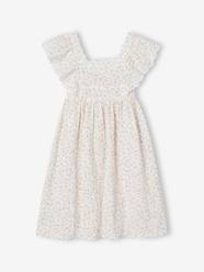 -Cotton Gauze Occasion Wear Dress with Broderie Anglaise Sleeves, for Girls