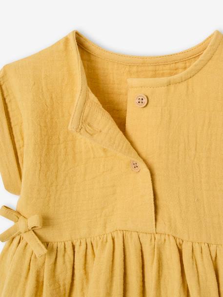 Dress in Cotton Gauze for Babies GREEN MEDIUM SOLID+ochre 