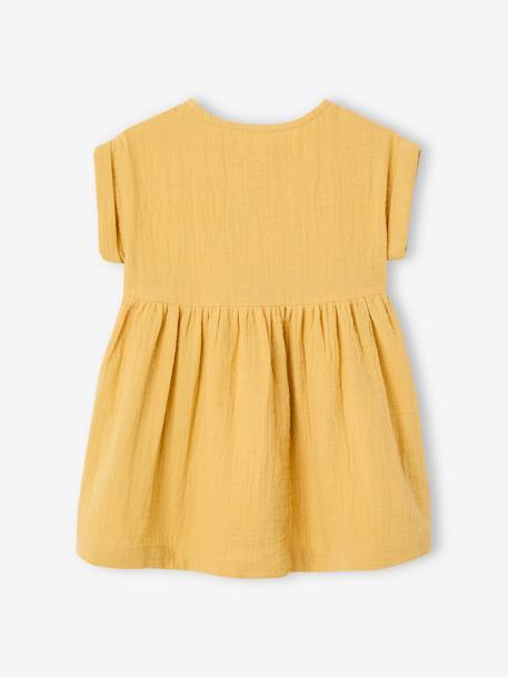 Dress in Cotton Gauze for Babies GREEN MEDIUM SOLID+ochre 