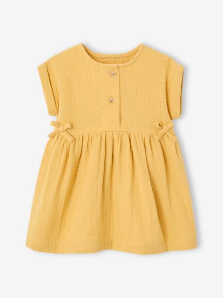 Dress in Cotton Gauze for Babies GREEN MEDIUM SOLID+ochre 