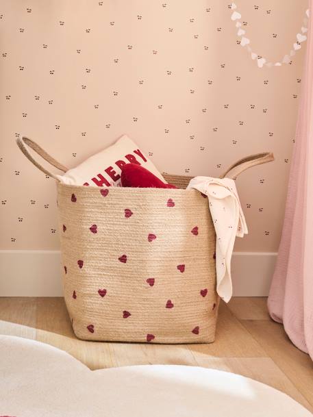 XL jute storage basket with heart design beige 