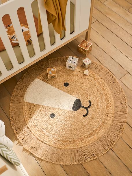 Round jute rug with a lion design golden beige 