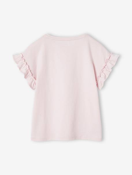 T-Shirt with Iridescent Motif & Short Ruffled Sleeves for Girls ecru+mauve+navy blue+pale pink+pale yellow+peach+sky blue+white 