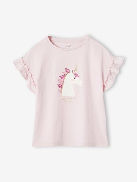 T-Shirt with Iridescent Motif & Short Ruffled Sleeves for Girls ecru+mauve+navy blue+pale pink+pale yellow+peach+sky blue+white 