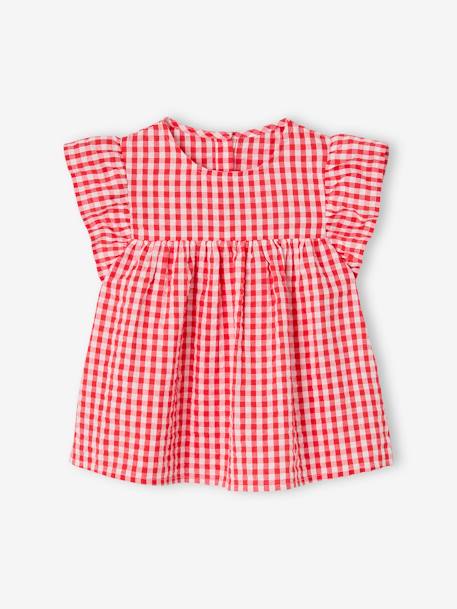 Blouse with Flower Motifs & Short Ruffled Sleeves for Girls chequered red+ecru+pale pink+printed orange 