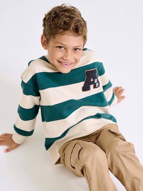 Sweatshirt with Wide Stripes & Bouclé Badge for Boys apricot+emerald green+night blue 