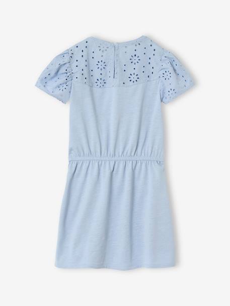 Girls' dress with English embroidery details pale blue 