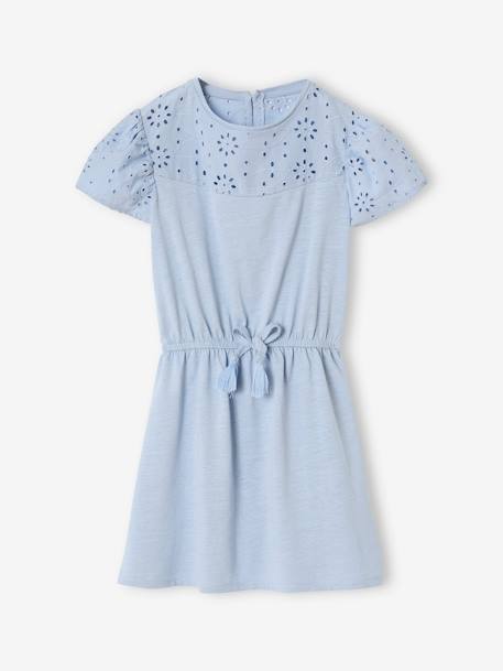 Girls' dress with English embroidery details pale blue 