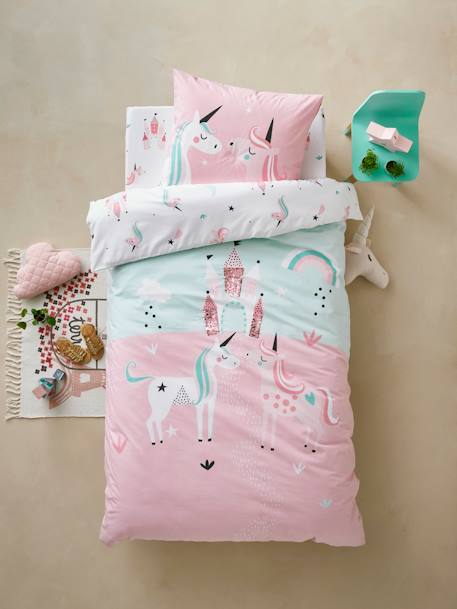 Girls' Duvet Cover + Pillowcase, Magic Unicorns Theme Light Blue 