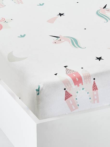 Girls' Fitted Sheet, Magic Unicorns Motif White/Print 