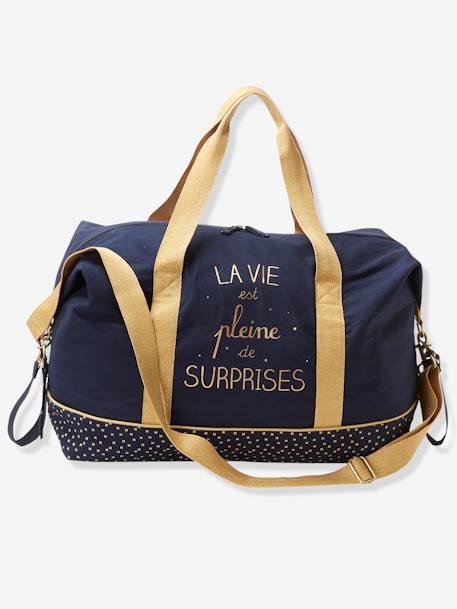 Weekend Changing Bag with Print: La Vie est Pleine de Surprises BLACK MEDIUM SOLID WITH DESIGN+Dark Blue+grey green+printed green 