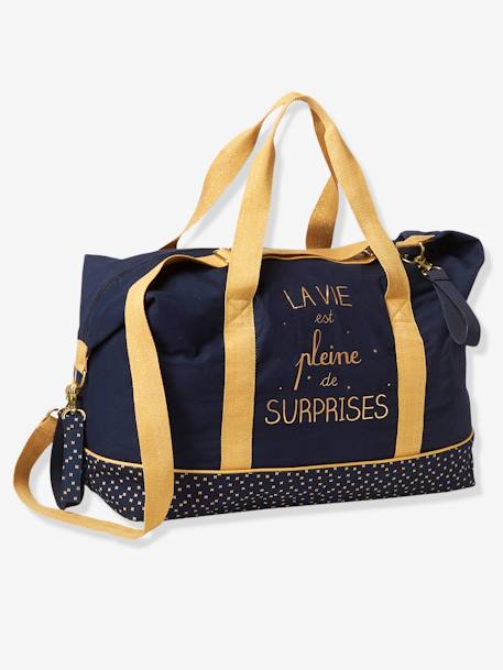 Weekend Changing Bag with Print: La Vie est Pleine de Surprises BLACK MEDIUM SOLID WITH DESIGN+Dark Blue+grey green+printed green 