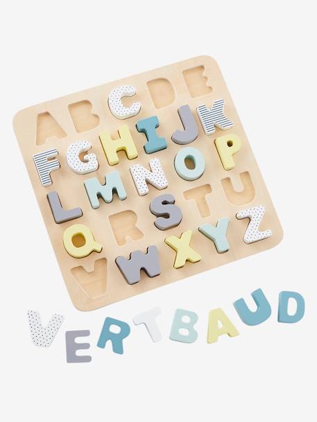 Wooden Alphabet Puzzle Board - FSC® Certified Wood Multi+PINK LIGHT SOLID WITH DESIGN 