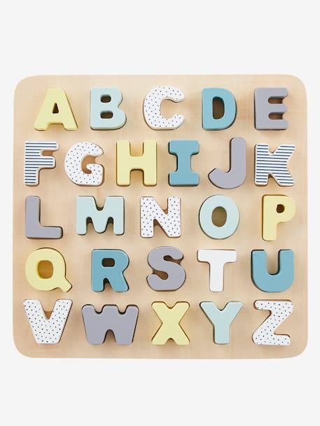 Wooden Alphabet Puzzle Board - FSC® Certified Wood Multi+PINK LIGHT SOLID WITH DESIGN 