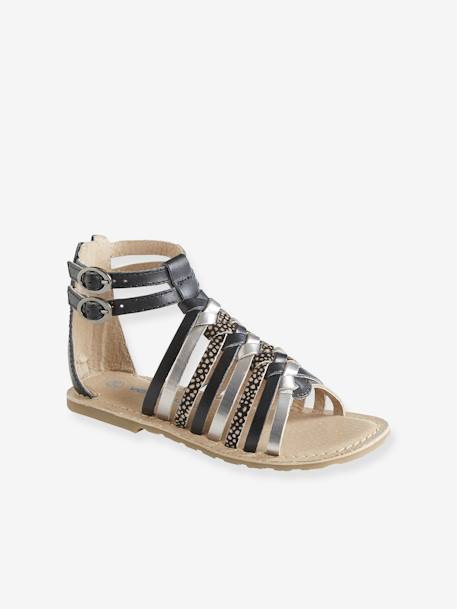 Girls Leather Sandals Black+Silver 