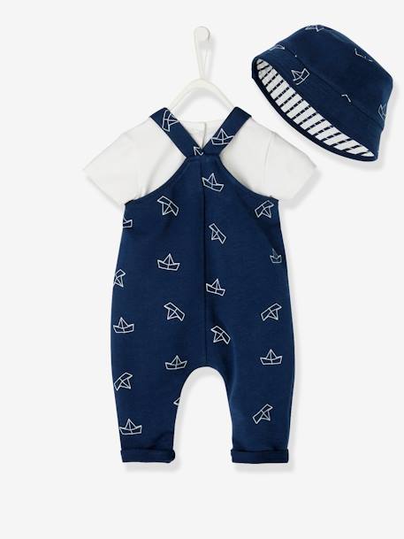 Newborn Baby Ensemble, Hat, Bodysuit and Dungarees Dark Blue/Print 