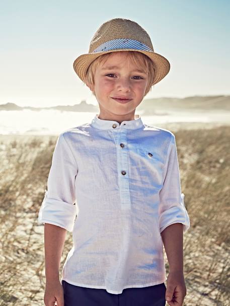 Shirt in Linen/Cotton, Mandarin Collar, Long Sleeves, for Boys BLUE BRIGHT SOLID+Green+sky blue+White 