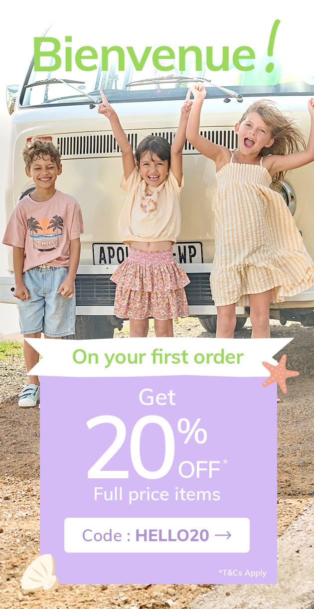 On your first order Get 20% OFF* full price items - Use code Hello20